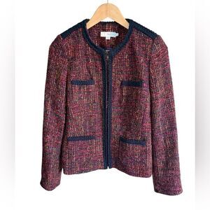 Boden Pink Multi Tweed Zip-Front Blazer with Navy Trim